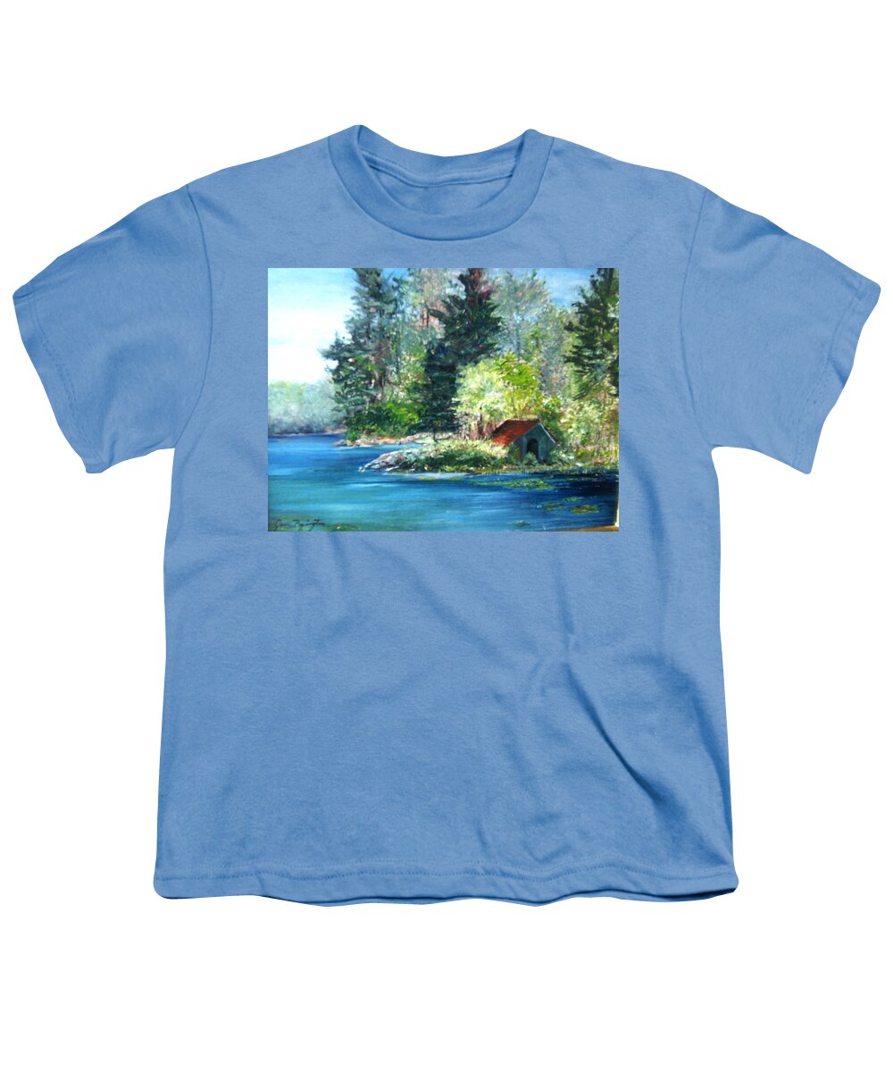 Millsite Lake Youth T-Shirt featuring the painting Secluded Boathouse-Millsite Lake by Jan Byington