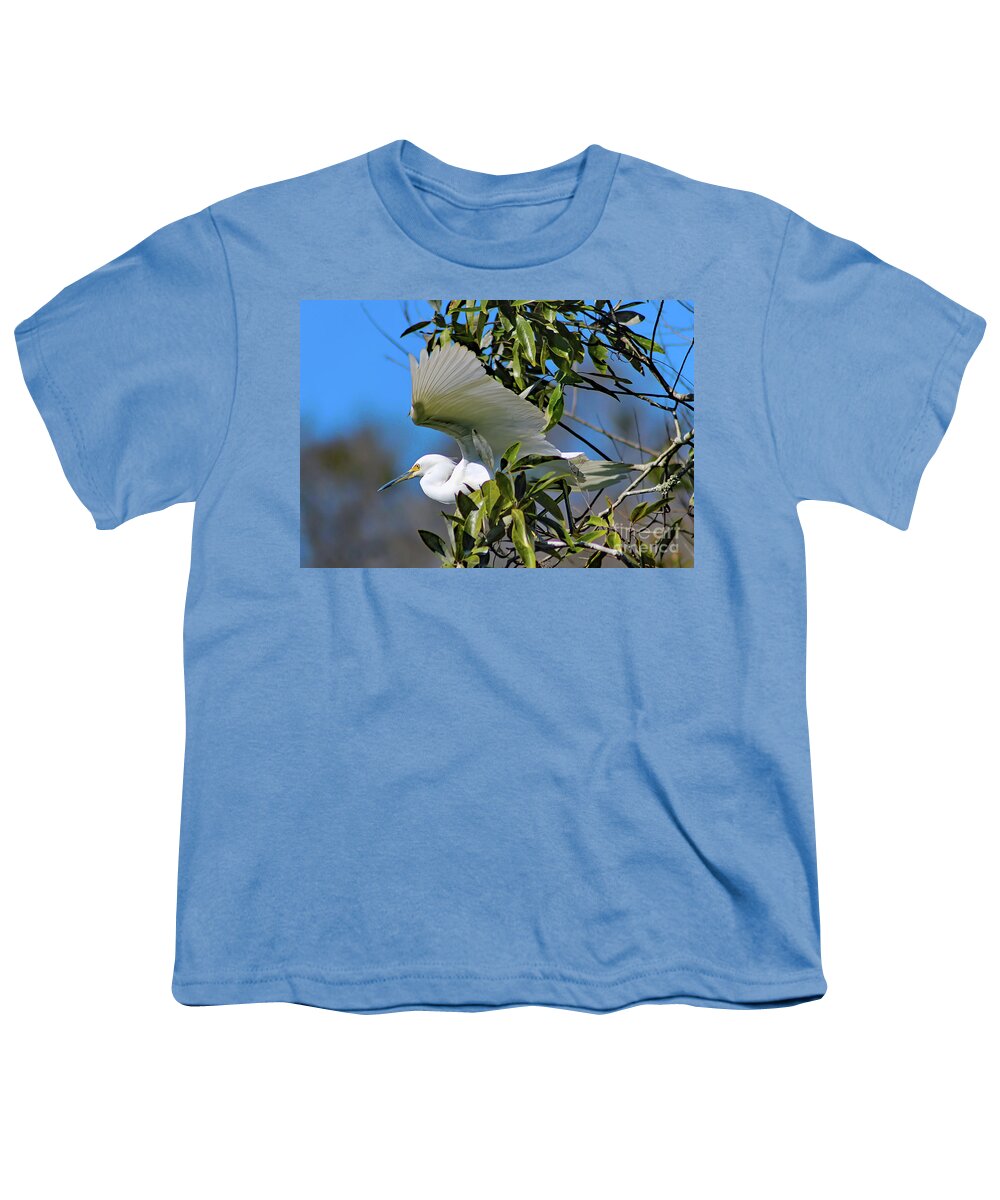 Nature Youth T-Shirt featuring the photograph Snowy Egret Taking Flight - Egretta Thula by DB Hayes