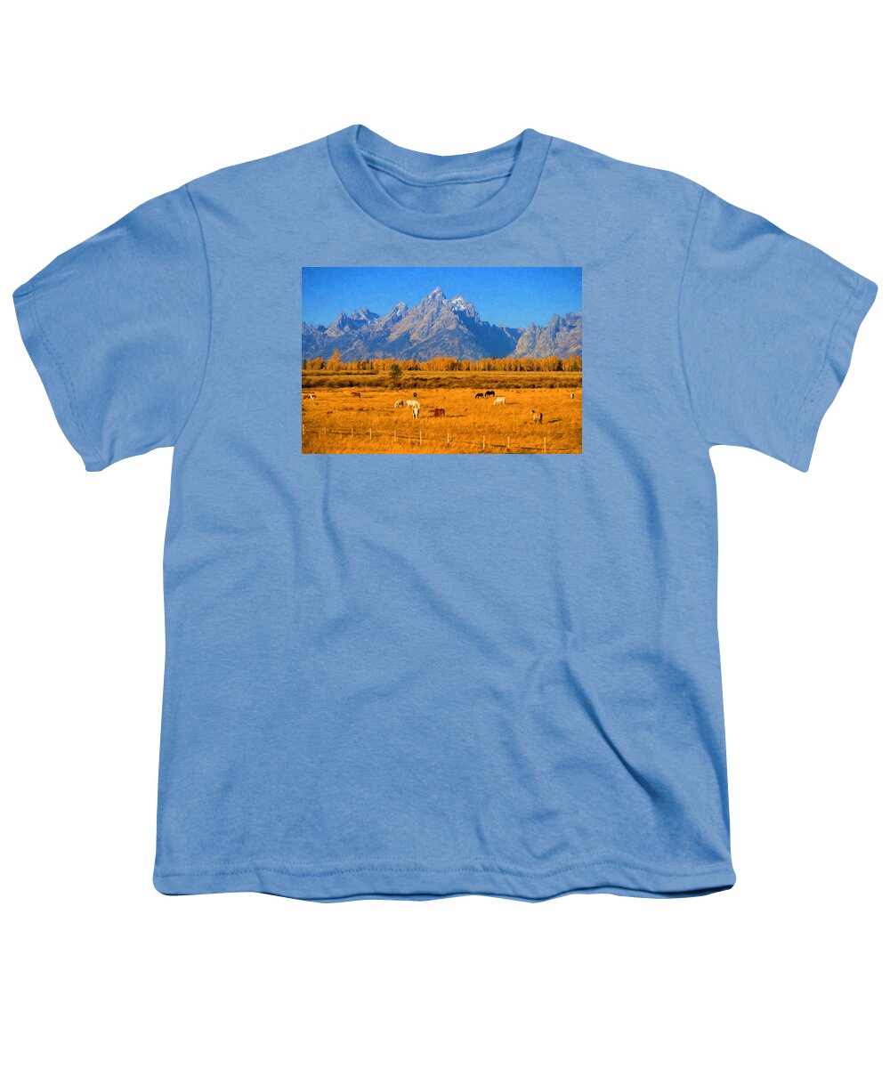 Tetons Youth T-Shirt featuring the photograph Tetons and Horses by Greg Norrell