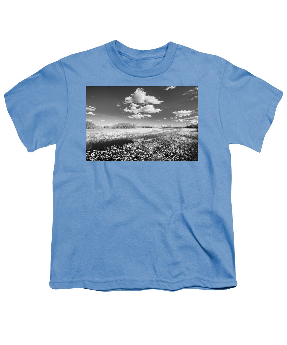 Clouds Youth T-Shirt featuring the photograph White Clouds over the Marsh in Black and White by Debra and Dave Vanderlaan