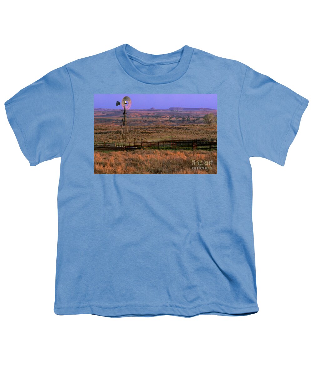 Dave Welling Youth T-Shirt featuring the photograph Windmill Cattle Fencing Texas Panhandle by Dave Welling