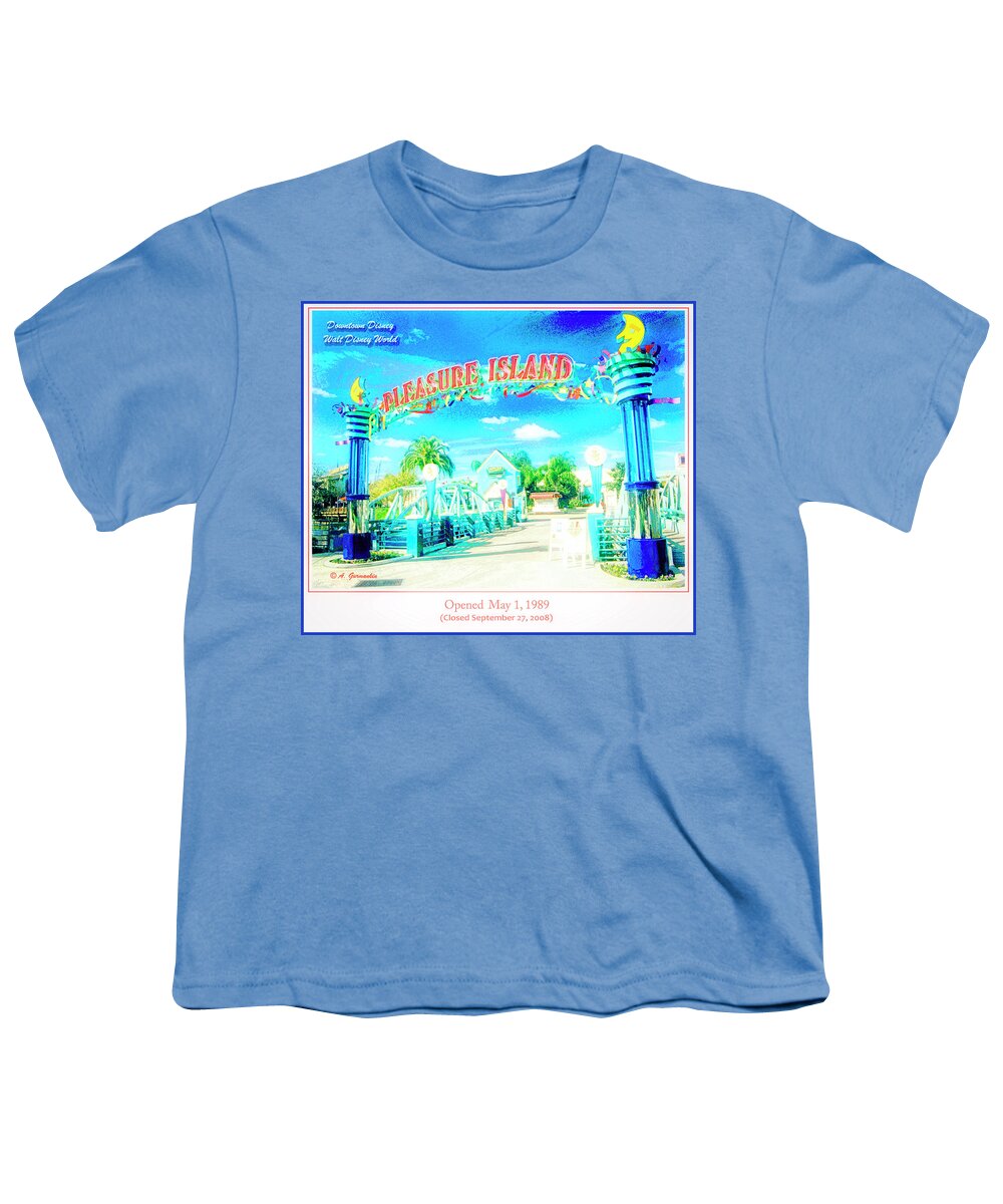 Pleasure Island Youth T-Shirt featuring the digital art Pleasure Island Sign and Walkway Downtown Disney #2 by A Macarthur Gurmankin