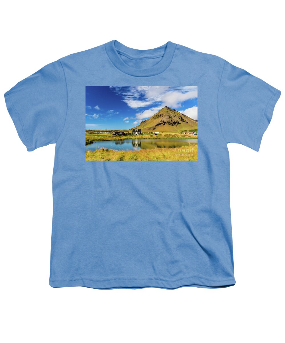 Arnarstapi Youth T-Shirt featuring the photograph Arnarstapi Amtmansshus and Mount Stapafell, Iceland by Lyl Dil Creations