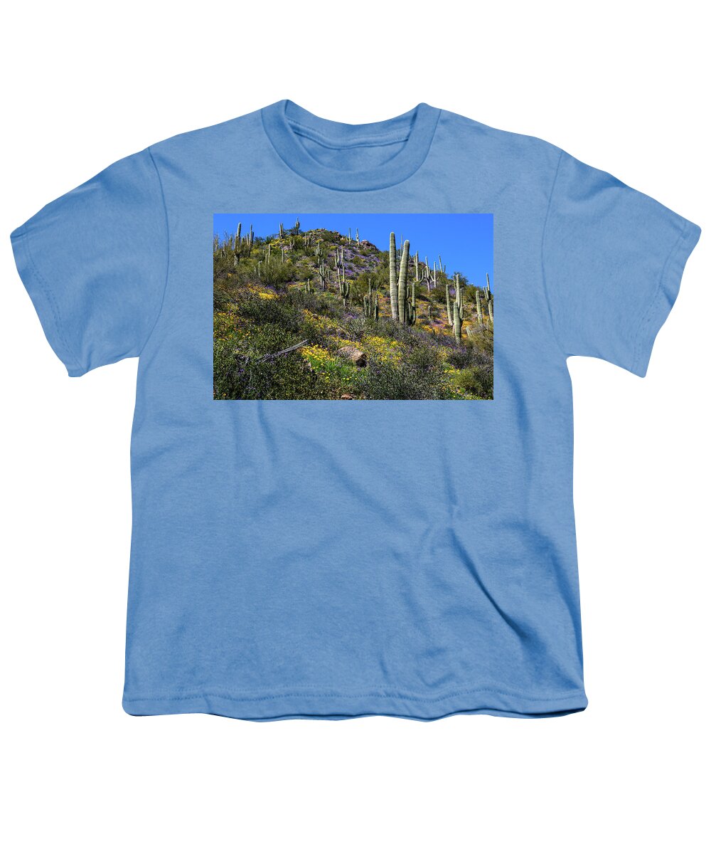 Carnegiea Gigantea Youth T-Shirt featuring the photograph Hill of Color by Dennis Swena
