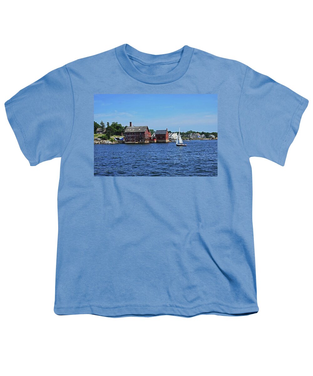 Rockport Youth T-Shirt featuring the photograph Manufactory Building Rockport MA Gloucester Harbor Sailboat by Toby McGuire