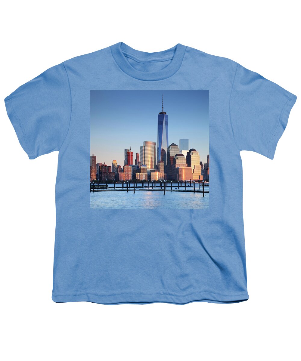 Estock Youth T-Shirt featuring the digital art New York City, Manhattan, Lower Manhattan, One World Trade Center, Freedom Tower, Manhattan View Of The New York Skyline And The One World Trade Center From New Jersey At Sunset by Alessandra Albanese
