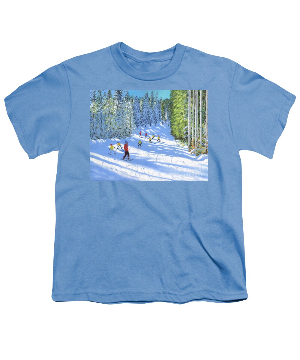 Winter Youth T-Shirt featuring the painting Ski Lesson, Samoens, France by Andrew Macara