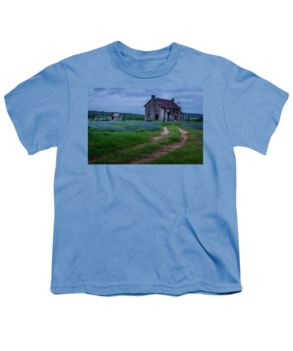 A Dirt Road Leads To A Charming 1800 Era Stone House In The Texas Hill Country As An Evening Storm Rolls In. Youth T-Shirt featuring the photograph The Road Home by Johnny Boyd