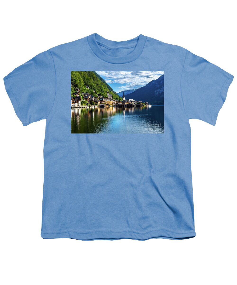 Austria Youth T-Shirt featuring the photograph Picturesque Lakeside Town Hallstatt At Lake Hallstaetter See In Austria by Andreas Berthold
