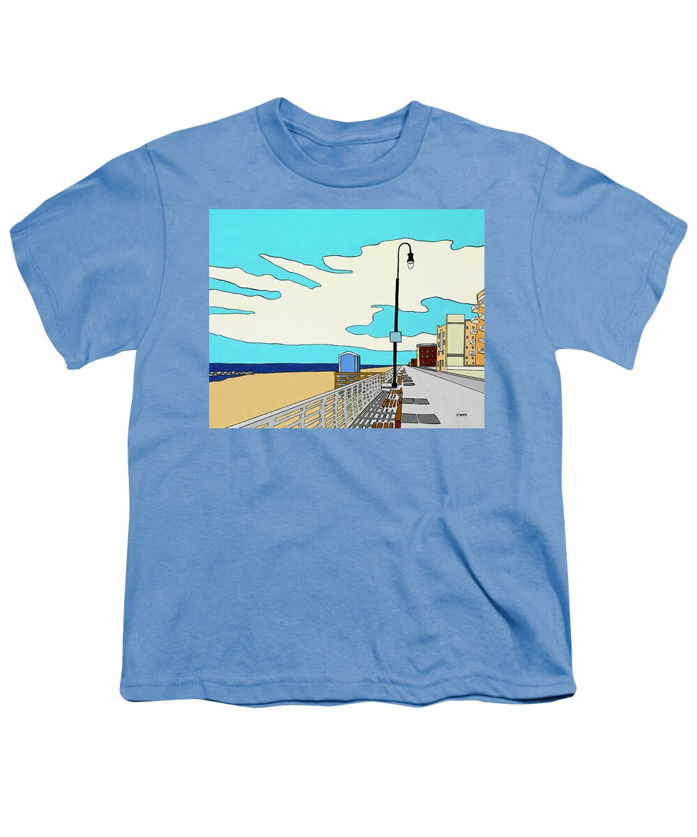 Long Beach Boardwalk Long Island Ocean Sand New York Beach Youth T-Shirt featuring the painting A Long Beach Morning by Mike Stanko