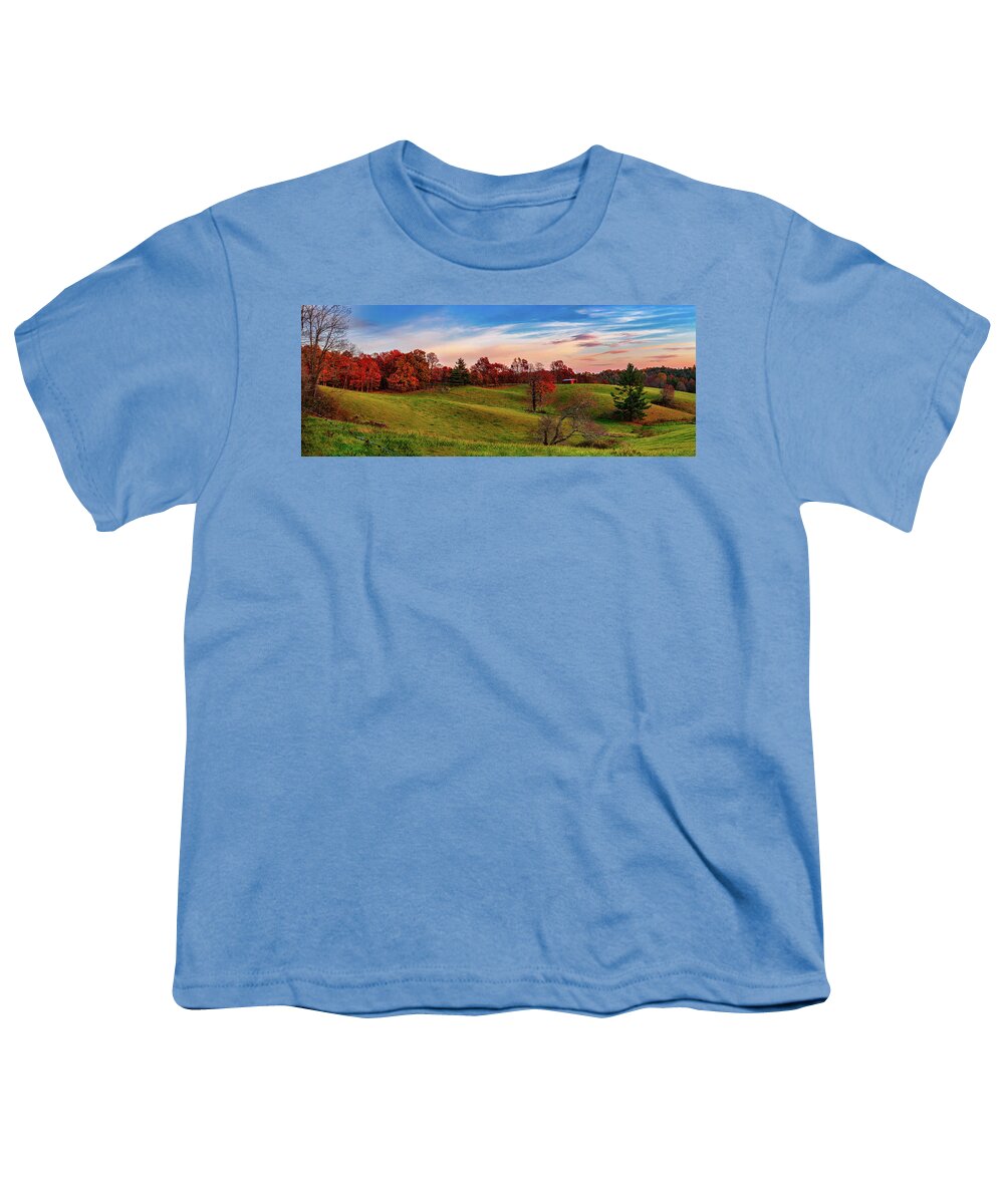 Fall Youth T-Shirt featuring the photograph Autumn Red Trees and Red Barn Panorama by Dan Carmichael
