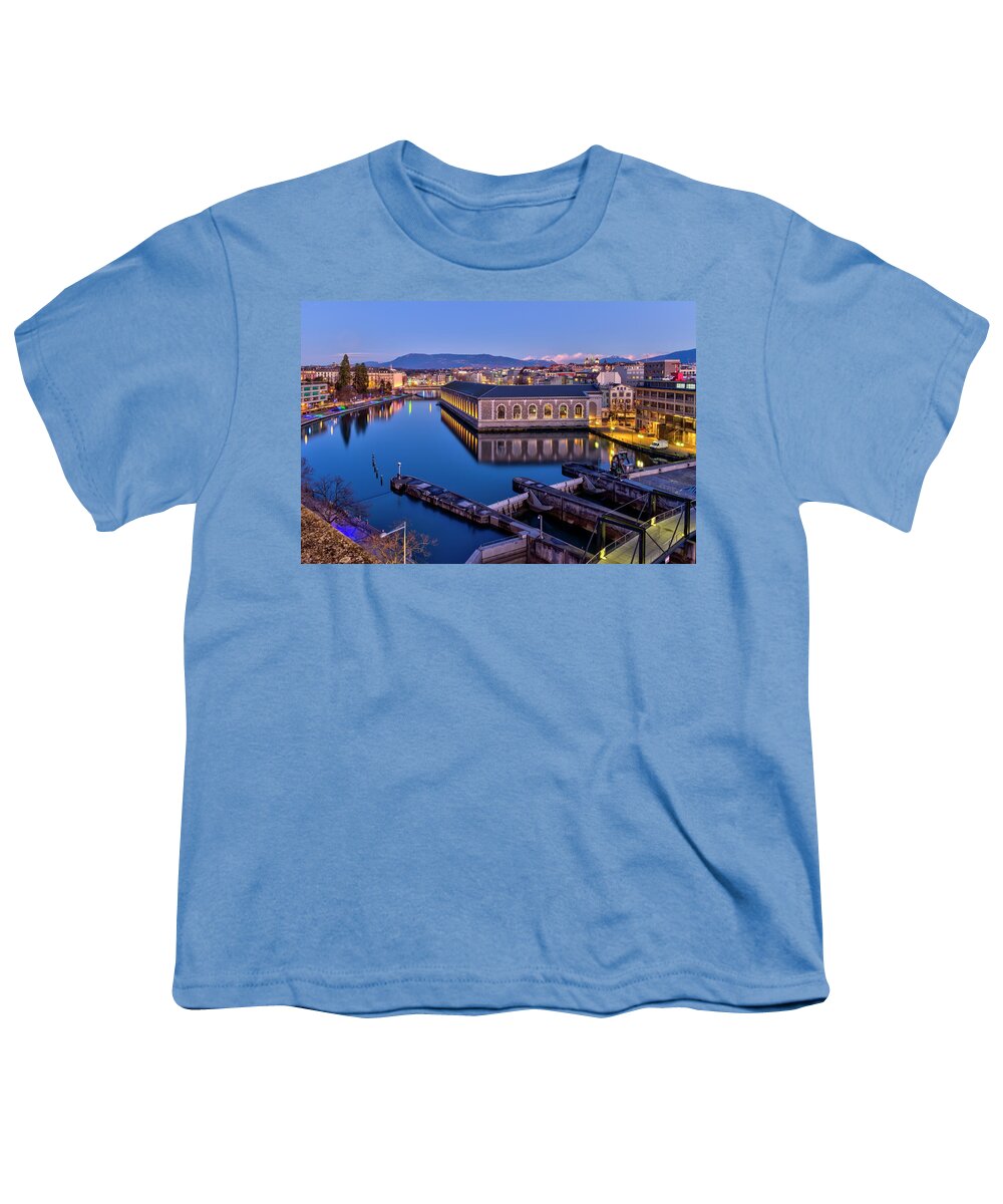 Geneva Youth T-Shirt featuring the photograph BFM, cathedral tower and Rhone river, Geneva, Switzerland, HDR by Elenarts - Elena Duvernay photo