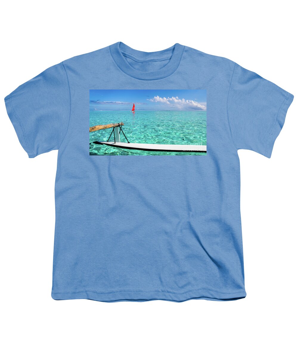 Bora Bora Youth T-Shirt featuring the photograph Bora Bora lagoon, pirogue versus catamaran by Lyl Dil Creations