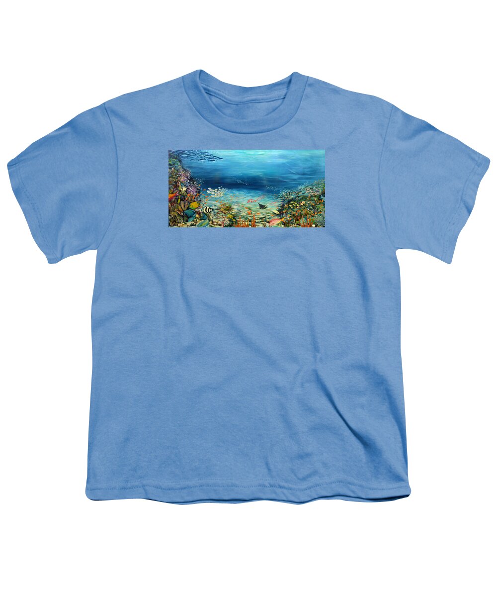 Ocean Painting Undersea Painting Coral Reef Painting Caribbean Painting Calypso Reef Painting Undersea Fishes Coral Reef Blue Sea Stingray Painting Tropical Reef Painting Tropical Painting Youth T-Shirt featuring the painting Deep Blue Dreaming by Karin Dawn Kelshall- Best