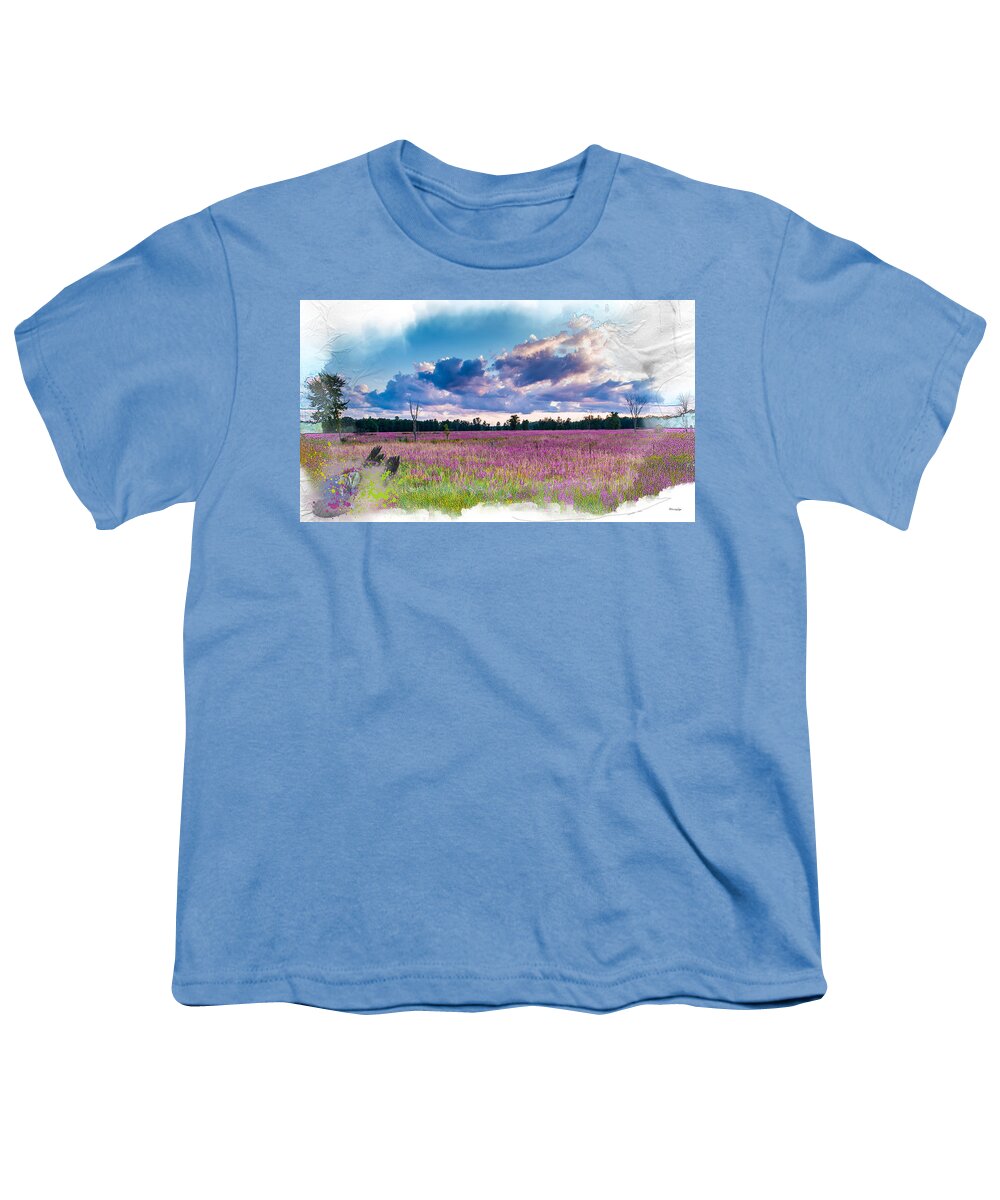 Landscape Youth T-Shirt featuring the mixed media Fuchsia Fields by Moira Law