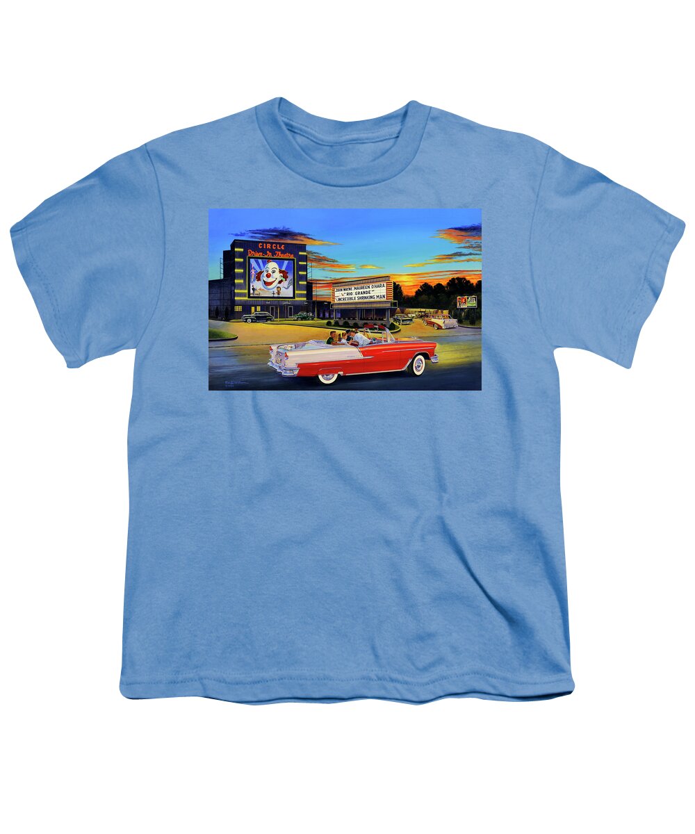 Circle Drive-in Theatre Youth T-Shirt featuring the painting Goin' Steady - The Circle Drive-In Theatre by Randy Welborn