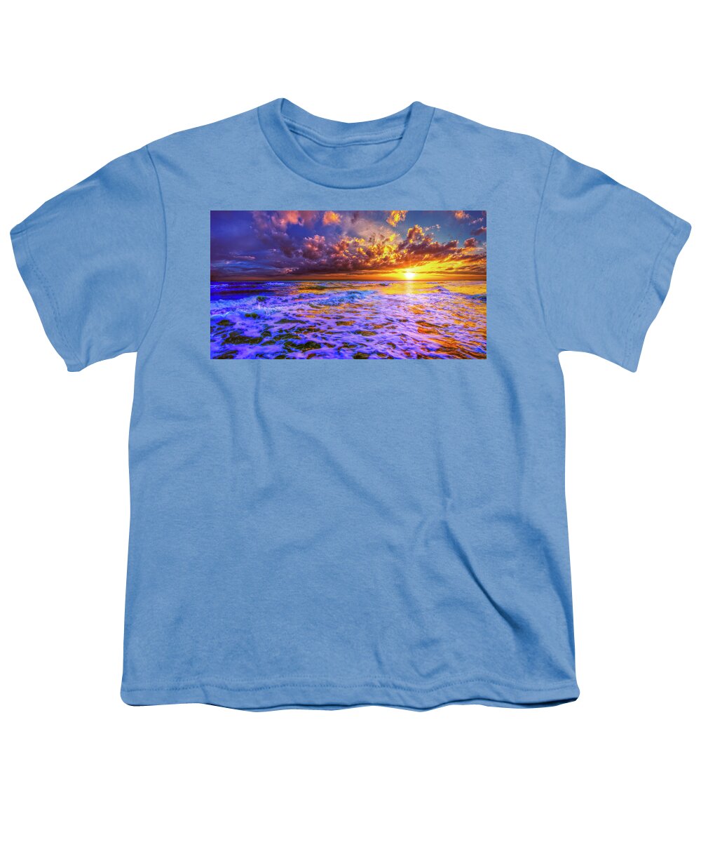 Art Youth T-Shirt featuring the photograph Golden Sunset Blue Waves Dark Sea by Eszra Tanner