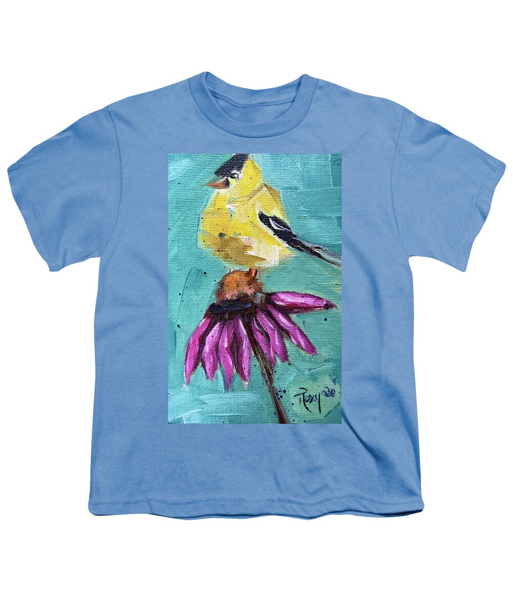 Goldfinch Youth T-Shirt featuring the painting Goldfinch on a Coneflower by Roxy Rich