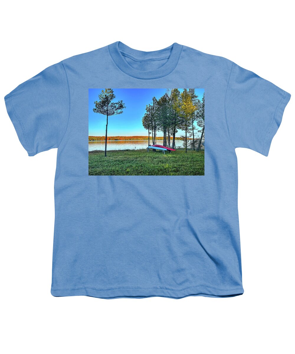 Tahquamenon Falls Youth T-Shirt featuring the photograph Kayaks and Across the Lake IMG_5897 by Michael Thomas