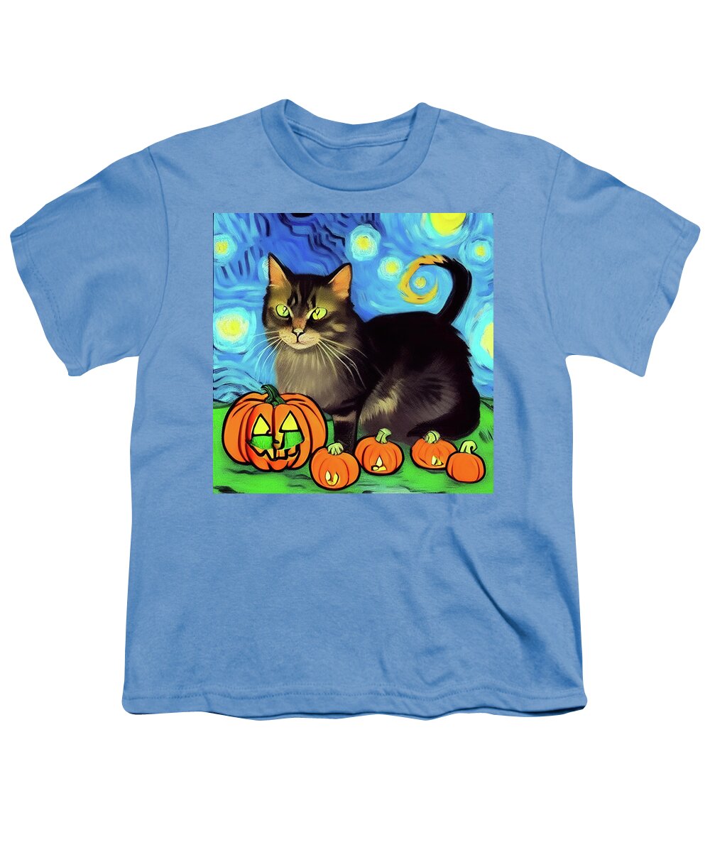Kitty Youth T-Shirt featuring the digital art Kitty in the pumpkin field by Tatiana Travelways