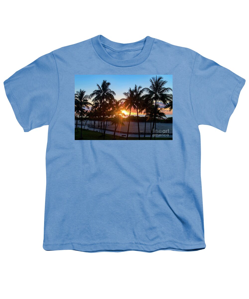 Palm Youth T-Shirt featuring the photograph Palm Tree Sunset on Ocean Drive South Beach Miami by Beachtown Views