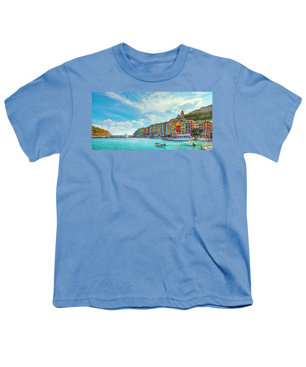 Portovenere Youth T-Shirt featuring the photograph Portovenere Village Panorama. Liguria by Stefano Orazzini