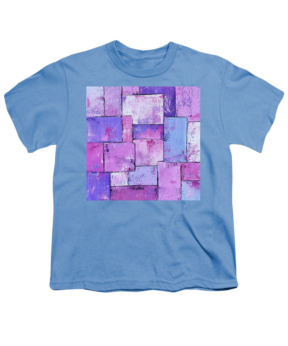 Pink Abstract Youth T-Shirt featuring the painting QUILTED Abstract Squares in Pink Purple Lavender Lilac by Lynnie Lang