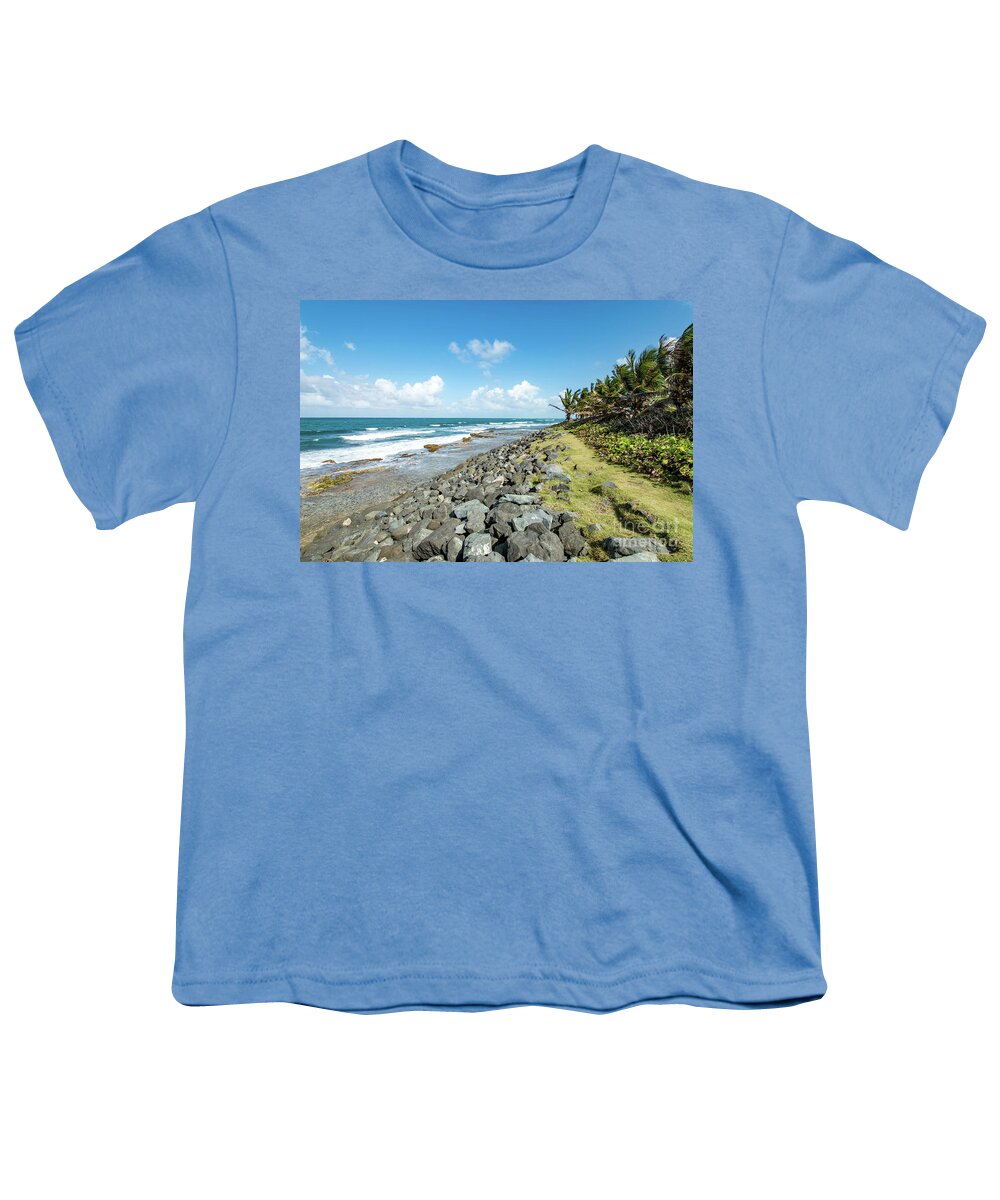 Palm Trees Youth T-Shirt featuring the photograph Rocky Coastline, Old San Juan, Puerto Rico by Beachtown Views