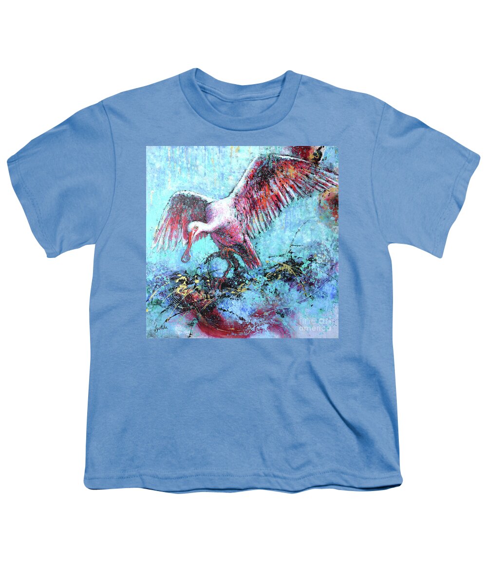  Youth T-Shirt featuring the painting Spoonbill on a Misty Day by Jyotika Shroff