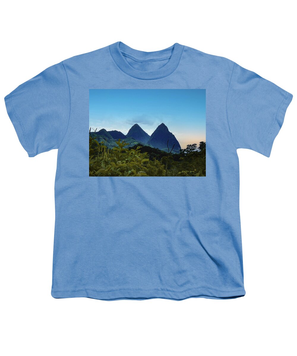 The Piton Twins Youth T-Shirt featuring the mixed media The Peton Mountains St. Lucia by Pheasant Run Gallery