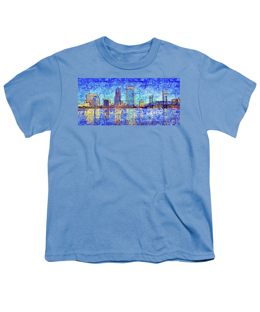 Downtown Jacksonville Youth T-Shirt featuring the digital art The waterfront of downtown Jacksonville, Florida - digital painting by Nicko Prints
