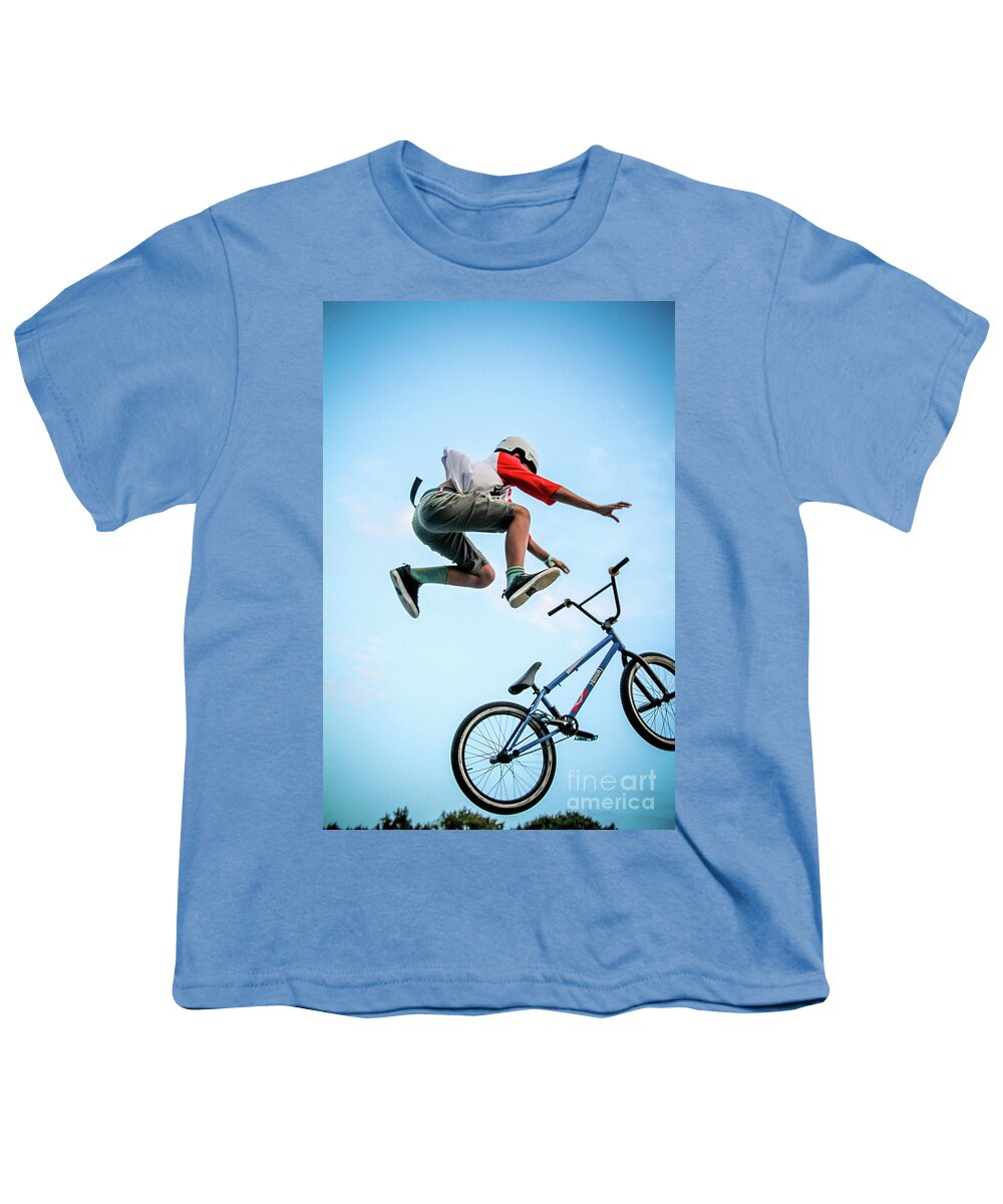 Bmx Youth T-Shirt featuring the photograph Young Boy Is Jumping With Bmx by Dimitar Hristov