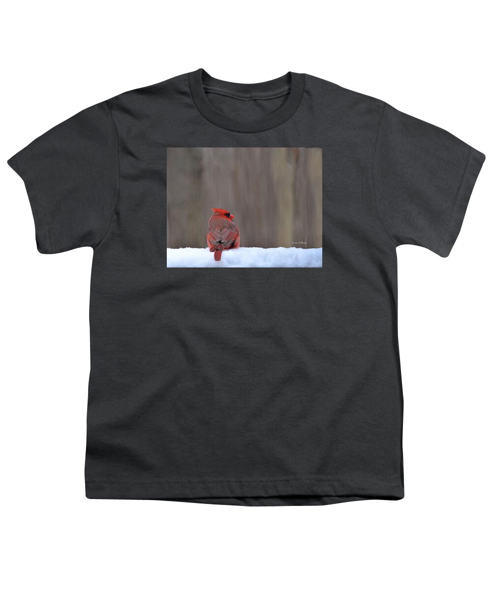 Northern Cardinal Youth T-Shirt featuring the photograph Cardinal In The Snowstorm #1 by Sandi OReilly