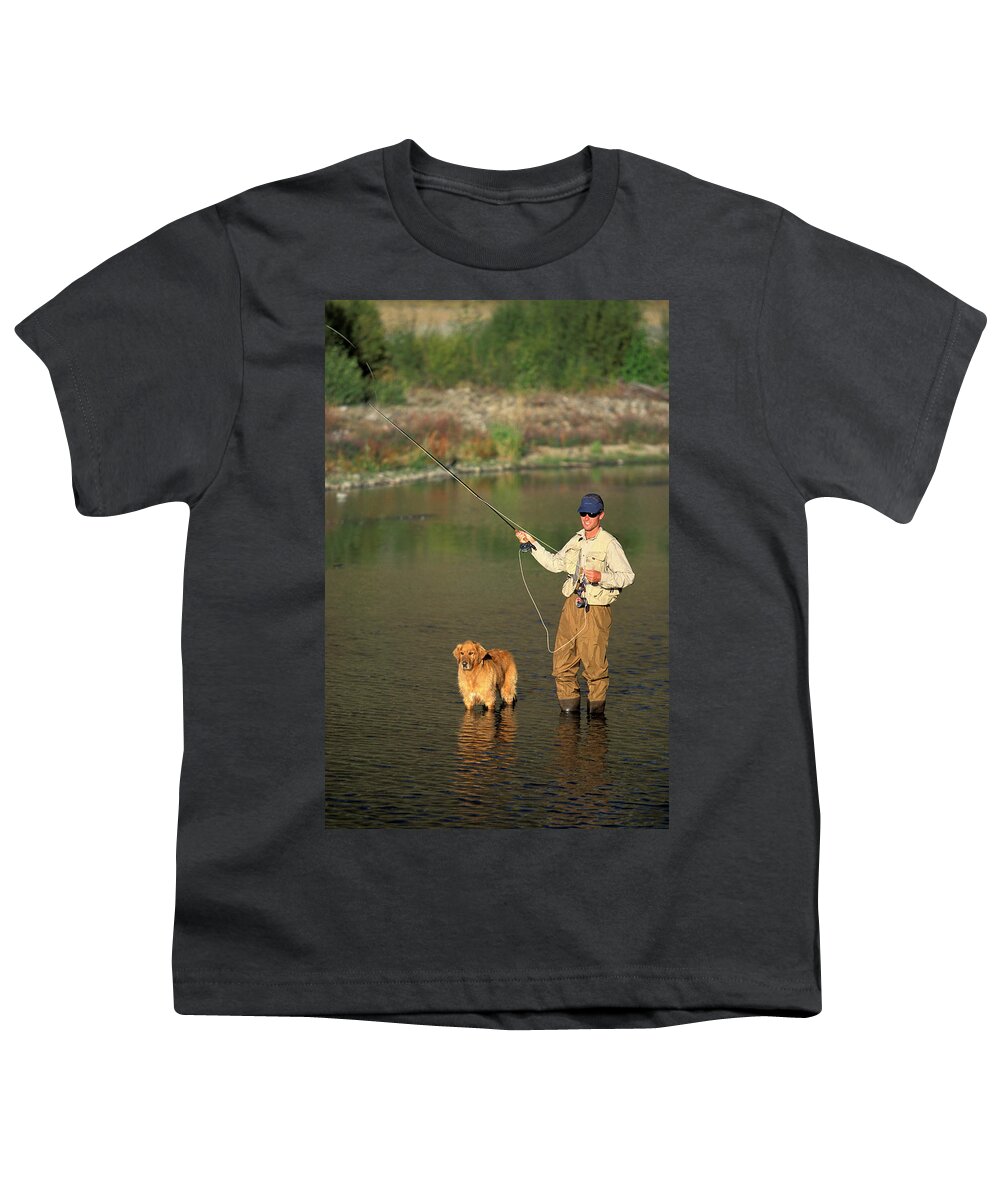 Man And Dog Fly Fishing On Silver #1 Youth T-Shirt by Corey Rich - Fine Art  America