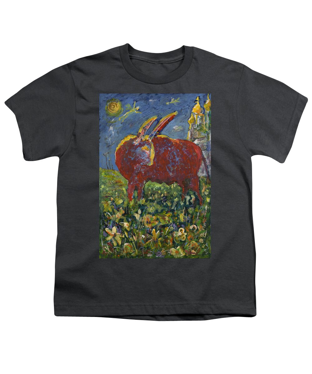 Bull Youth T-Shirt featuring the painting Red bull in the flower field #1 by Maxim Komissarchik