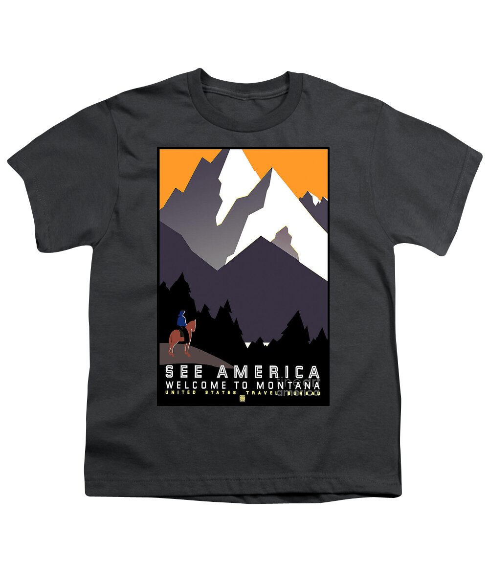 Vintage See America Travel Poster Youth T-Shirt featuring the drawing Vintage Montana Travel Poster #1 by Jon Neidert