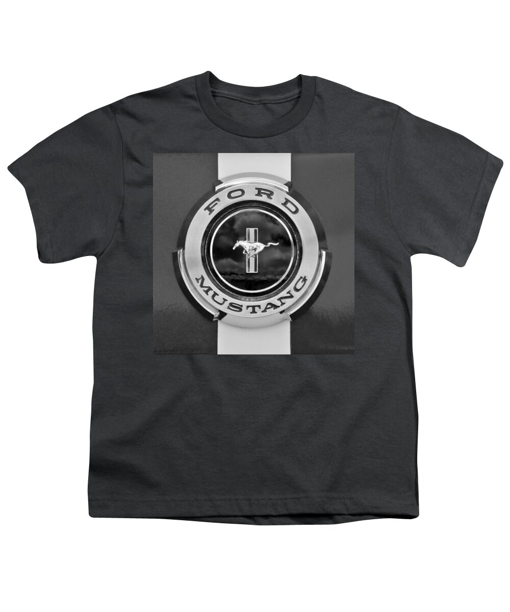 1966 Ford Mustang Youth T-Shirt featuring the photograph 1966 Ford Mustang Shelby Gt 350 Emblem Gas Cap -0295BW by Jill Reger