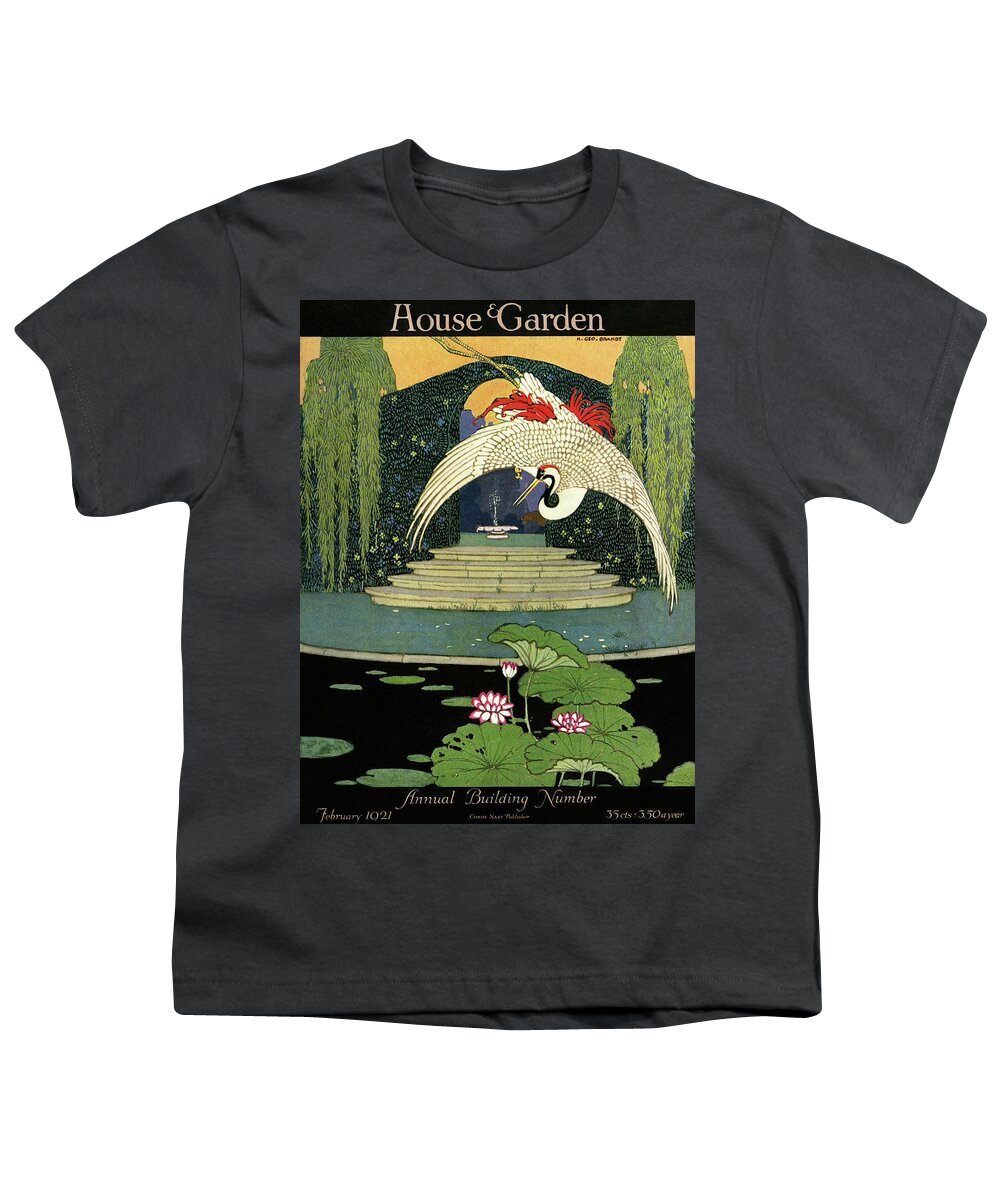 Illustration Youth T-Shirt featuring the photograph A House And Garden Cover A Bird Over A Pond by H. George Brandt