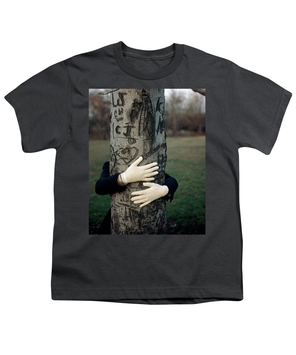 Fashion Youth T-Shirt featuring the photograph A Model Hugging A Tree by Frances Mclaughlin-Gill