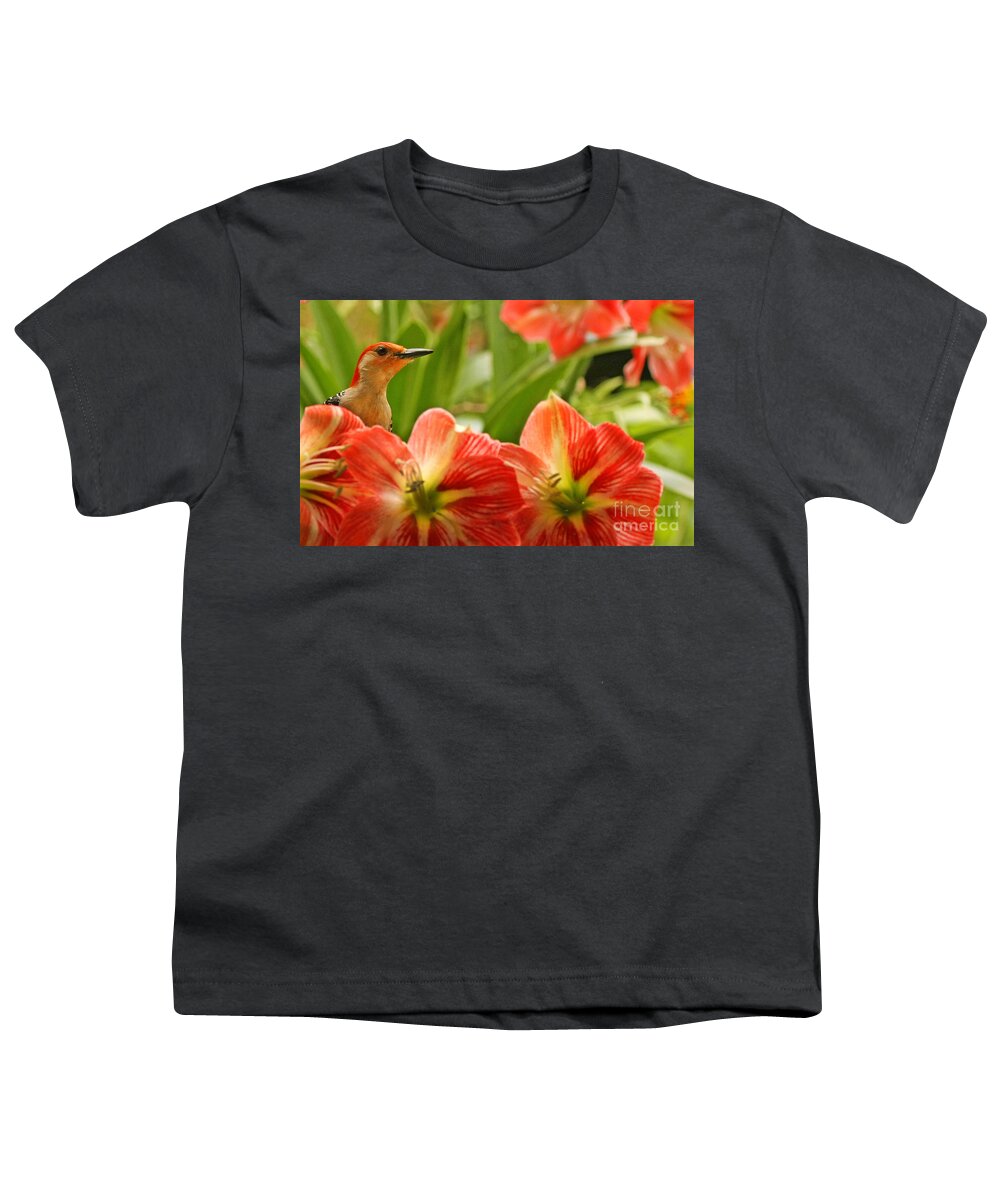 Red Belly Woodpecker Photo Youth T-Shirt featuring the photograph Woodpecker and Amaryllis Photo by Luana K Perez