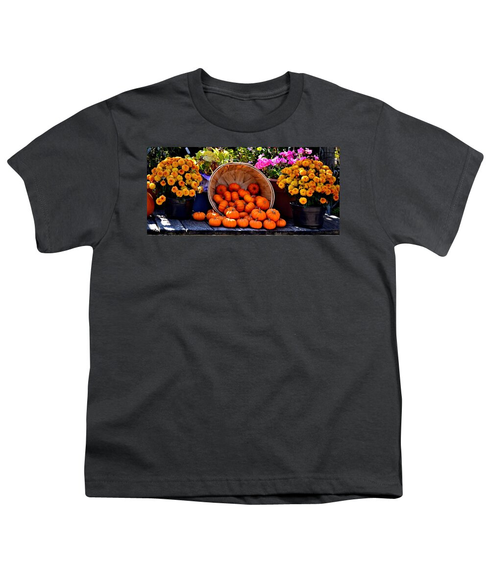 Pumpkins Youth T-Shirt featuring the photograph Baby Pumpkins and Marigolds by Tara Potts