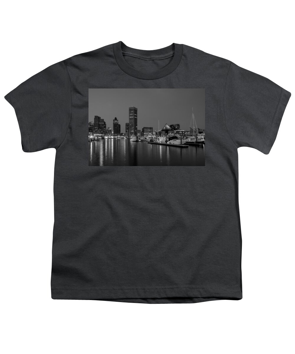 Baltimore Inner Harbor Youth T-Shirt featuring the photograph Baltimore Inner Harbor Skyline Reflections BW by Susan Candelario