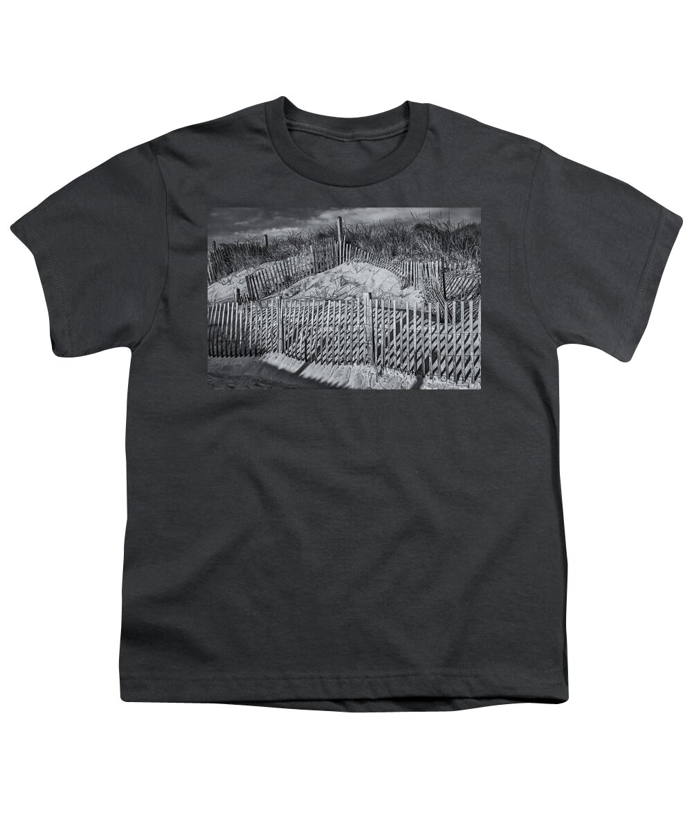 Cape Cod Youth T-Shirt featuring the photograph Beach Fence BW by Susan Candelario