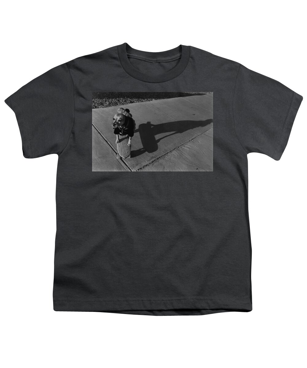 Beret Chihuahua Skateboard Tucson Arizona 1972 Black And White Youth T-Shirt featuring the photograph Beret chihuahua skateboard Tucson Arizona 1972 by David Lee Guss