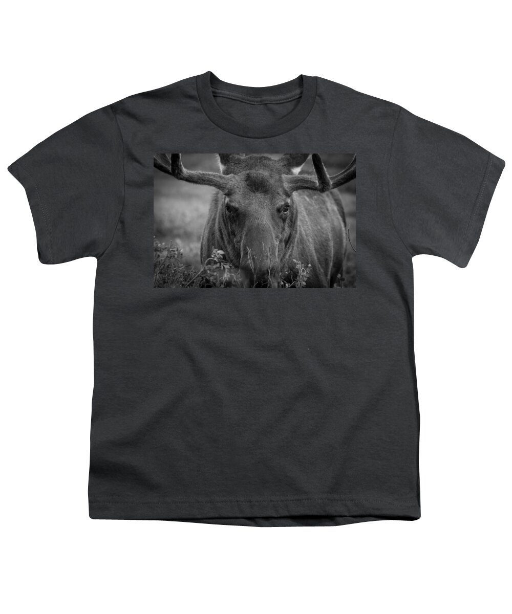 Moose Youth T-Shirt featuring the photograph Black and White Moose Close Up by Tony Hake