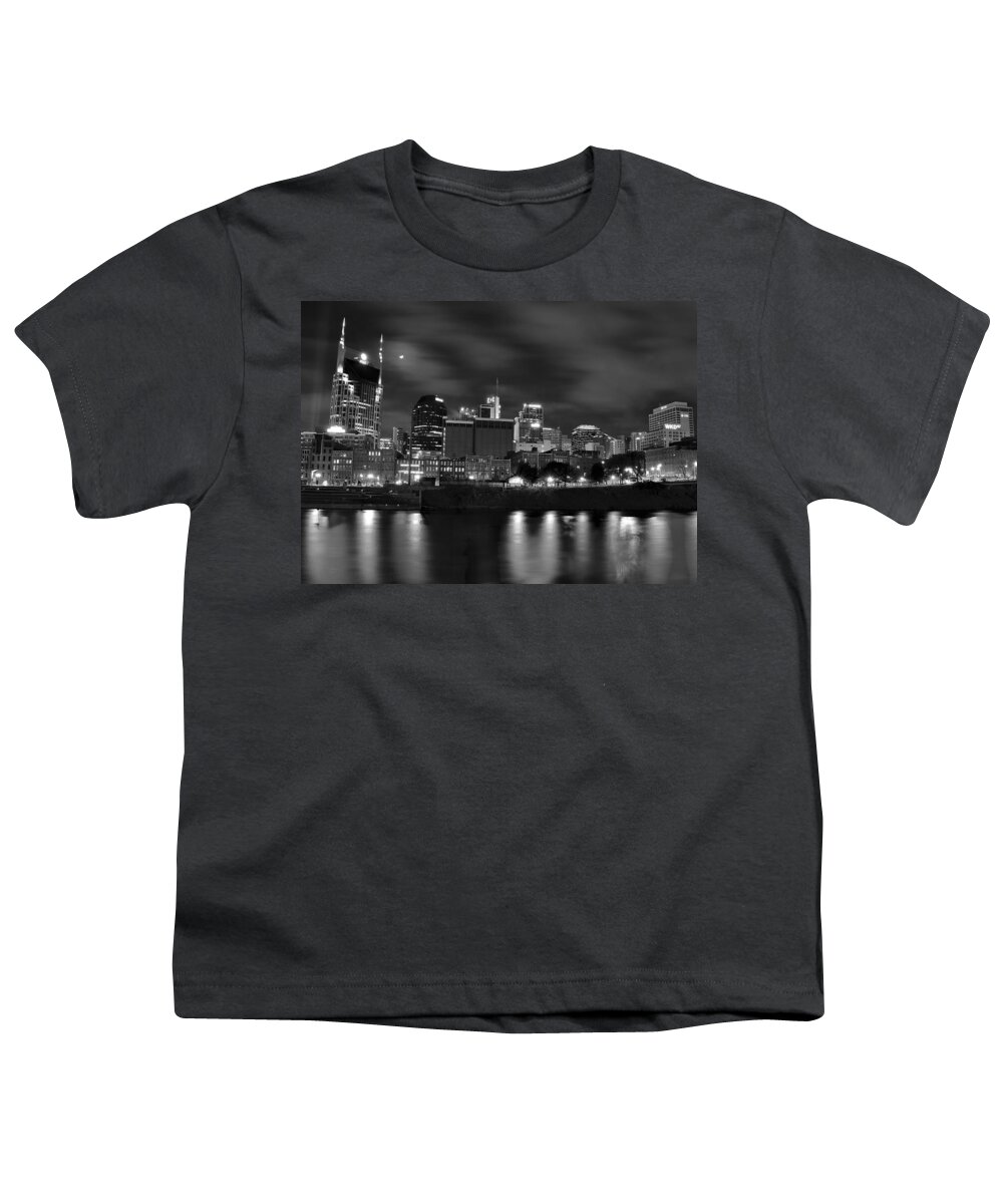 Nashville Youth T-Shirt featuring the photograph Black and White Night in Nashville by Frozen in Time Fine Art Photography