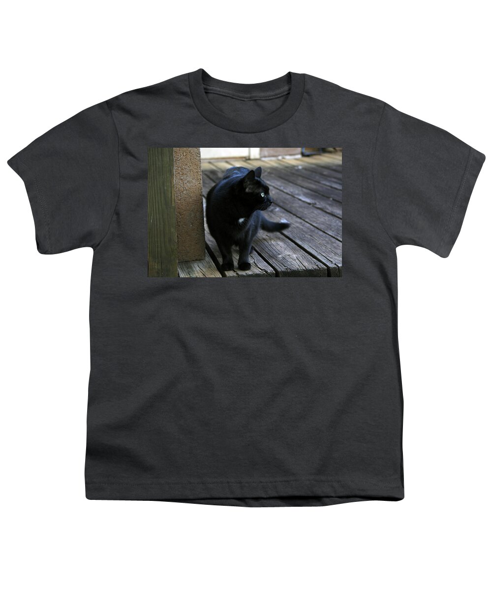 Black Youth T-Shirt featuring the photograph Black Cat on Porch by Melinda Fawver