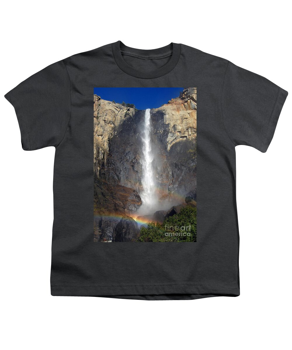 Yosemite National Park Youth T-Shirt featuring the photograph Bridalveil Falls Double Rainbow by Debra Thompson