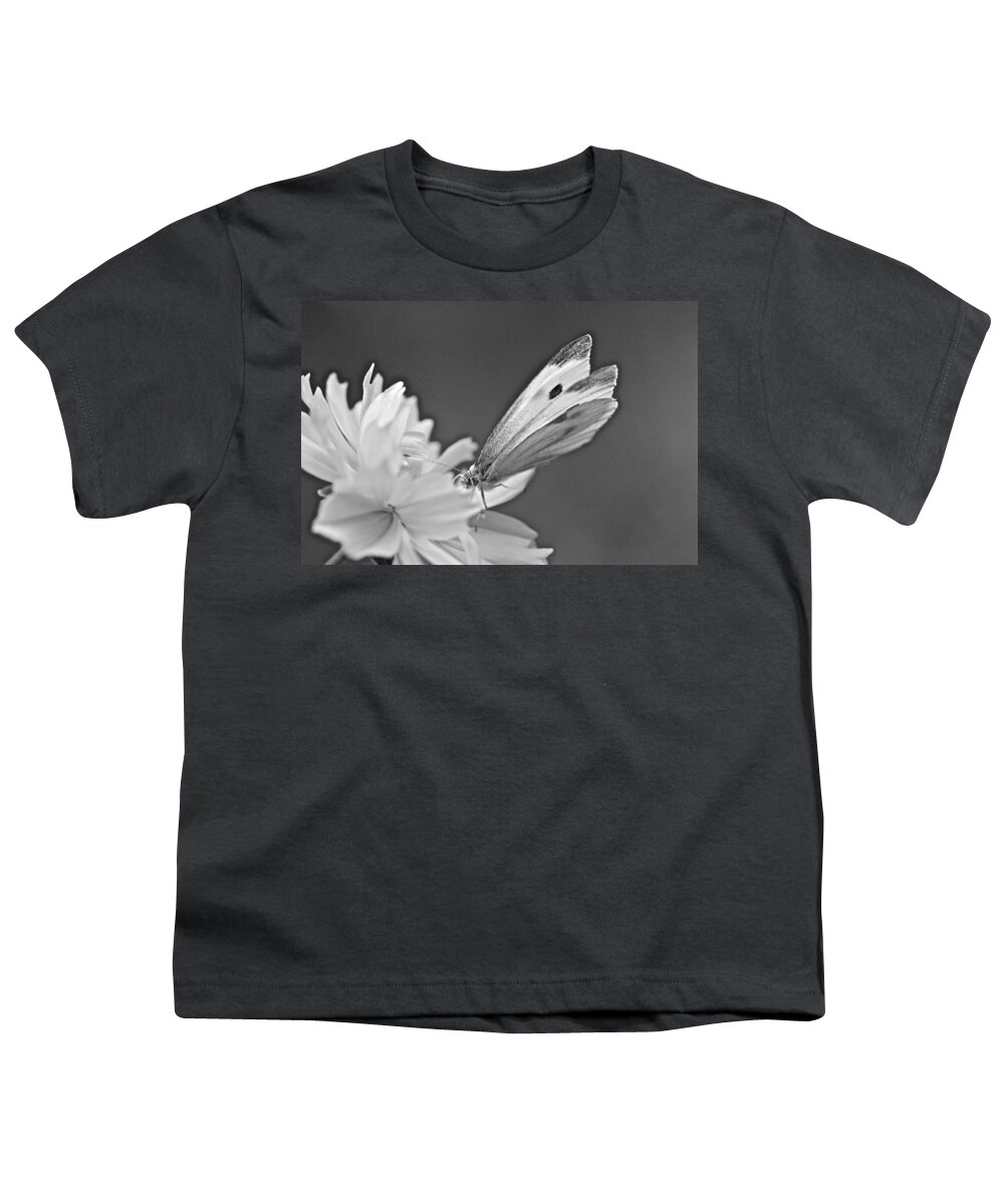 Butterfly Youth T-Shirt featuring the photograph Cabbage White Butterfly on Cosmos - Black and White by Carol Senske