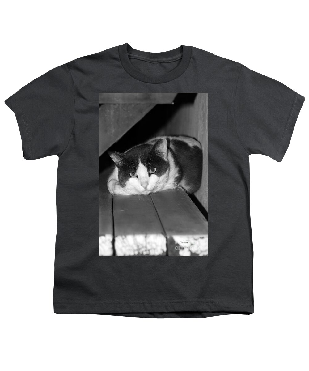 Claudia's Art Dream Youth T-Shirt featuring the photograph Cat Relaxing On Bench - Black and White by Claudia Ellis